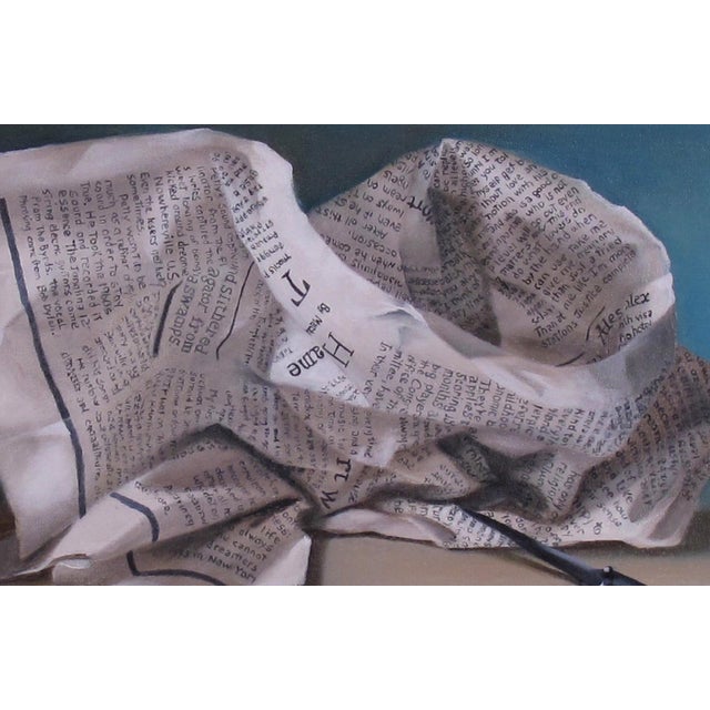 Early 21st Century Everyone's Favorite Game by Kelly Birkenruth | Oil on panel Still life with newspaper, rock, and scissors For Sale - Image 5 of 5