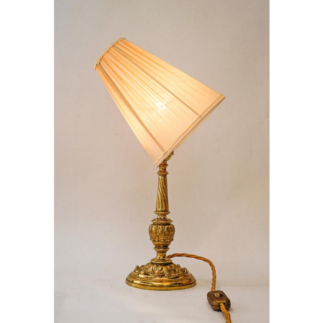 Late 19th Century Antique Brass Table Lamp with Fabric Shade, 1890s For Sale - Image 5 of 16