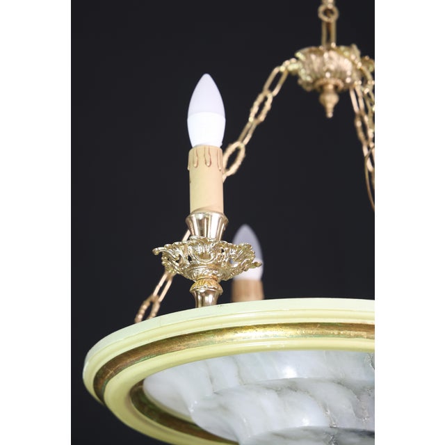 1950s Masterpiece Art Deco Design White Alabaster Chandelier Circular Wooden Frame For Sale - Image 13 of 14