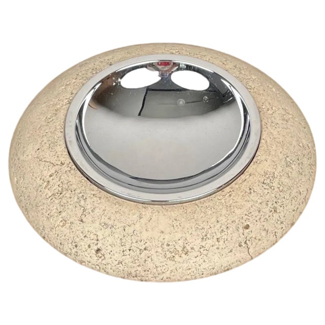 Travertine and Steel Round Ashtray by Marble Art, Italy, 1970s For Sale