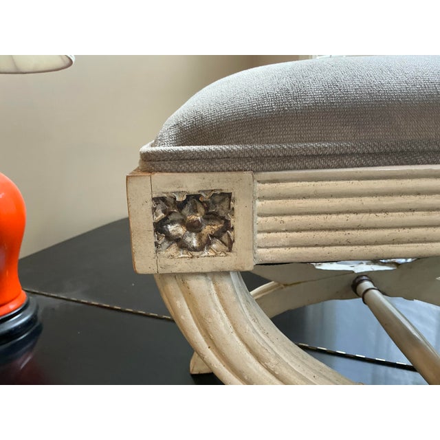 Textile Neo-Classical Gustavian Style Painted Curule Stools / Ottomans in Velvet - Pair For Sale - Image 7 of 9