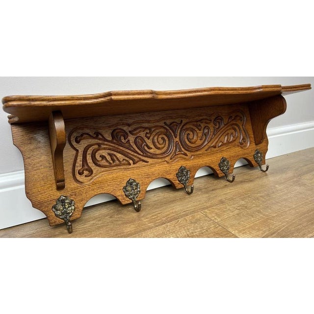 Vintage French Carved Oak 5-Hook Wall Coat Rack For Sale - Image 10 of 10
