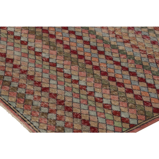 Traditional Vintage Distressed Rug, Polychromatic Diamond Geometric Pattern - Rug & Kilim For Sale - Image 3 of 8