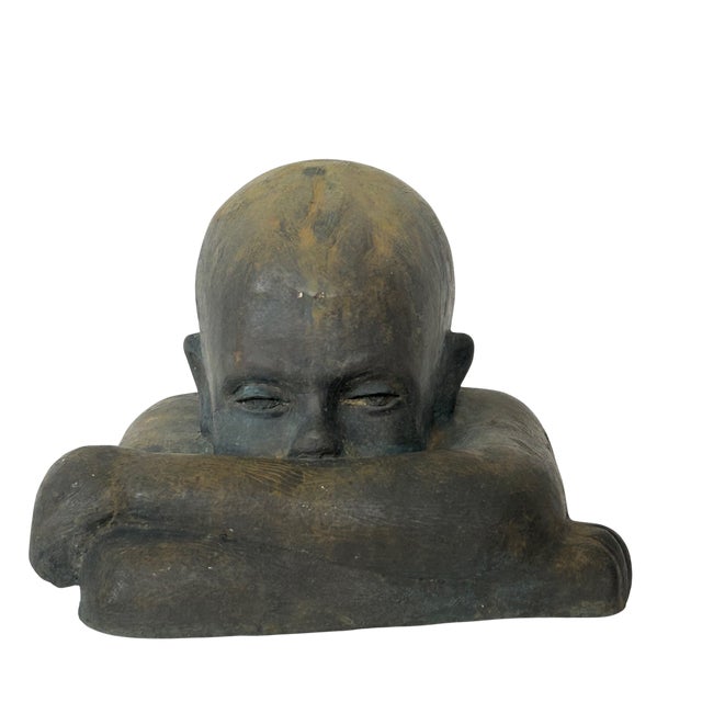 1970s Victor Salmones Bronze Child in Thought For Sale - Image 4 of 5