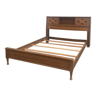 Mid Century Modern Full Size Bed With Lighted Storage Headboard - Set of 4 For Sale