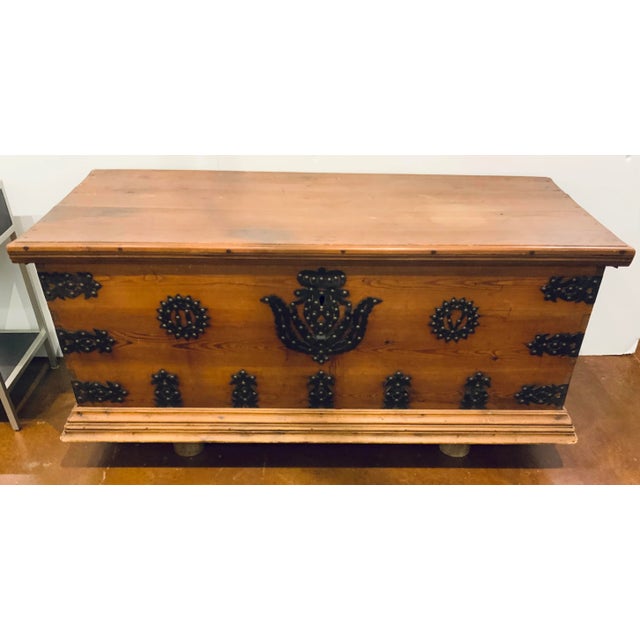 Unique Antique Oak Wood Trunk, cut iron deign, circa early 1900’s