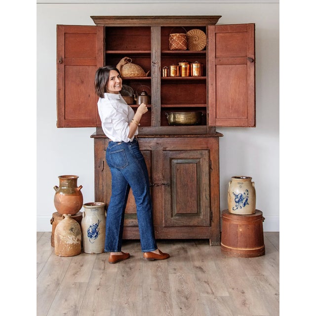 Early 19th Century Early 19th Century American Pine Stepback Cupboard | Original Surface, Hand-Forged Hardware, Primitive Two-Piece Cabinet For Sale - Image 5 of 6