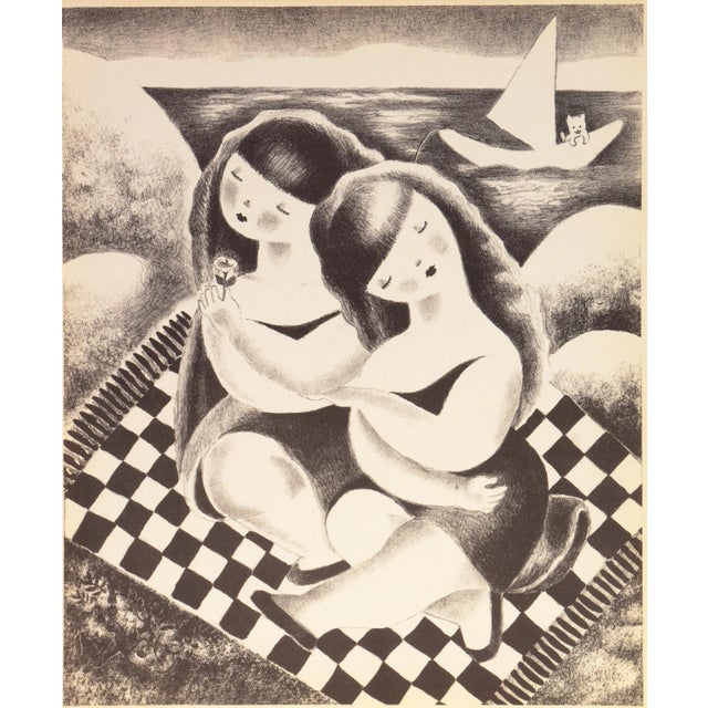 A mid-century, stone lithograph titled 'Mimi and Bemi' by Nura Woodson Ulreich (American, created in 1943 and with...