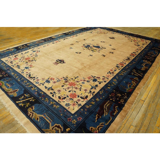 Art Deco 1920s Beige Floral Modern Antique Chinese Peking Rug 10' X 15' 6'' Handknotted Wool Carpet For Sale - Image 3 of 10