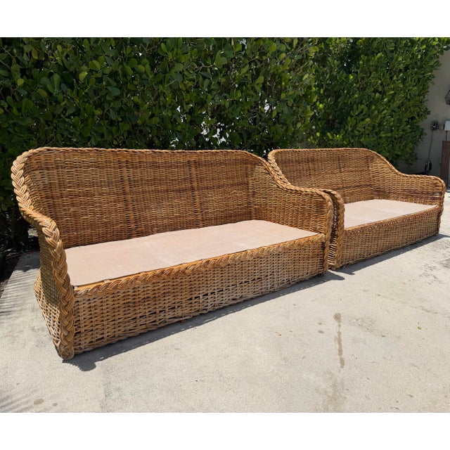 Wood Vintage 72” Handwoven Rattan Sofas With Large Braid Trim, Pair For Sale - Image 7 of 17