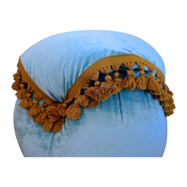 Light Blue Velvet Fringed Ottoman Chairish