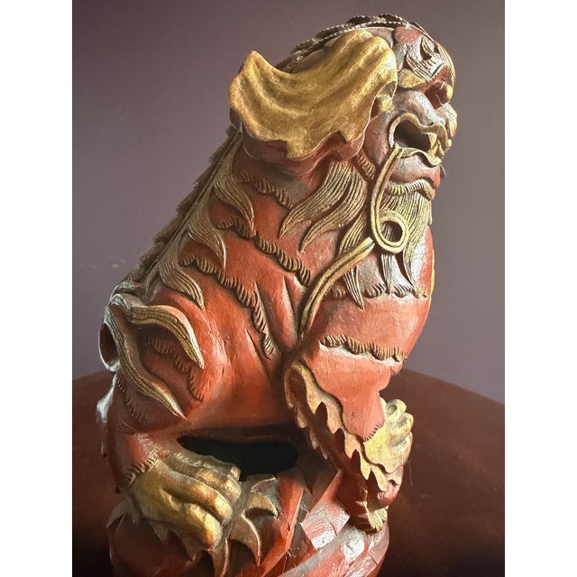 Chinese Very Unusual and Rare Carved Wood Foo Dog /Dragon Sculpture Sang De Boeuf Red With Gold Highlighting. For Sale In Chicago - Image 6 of 10