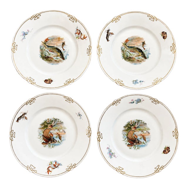Antique Porcelain Fish Plates With Gold Detail, Set of 4, Circa 1890–1900 For Sale