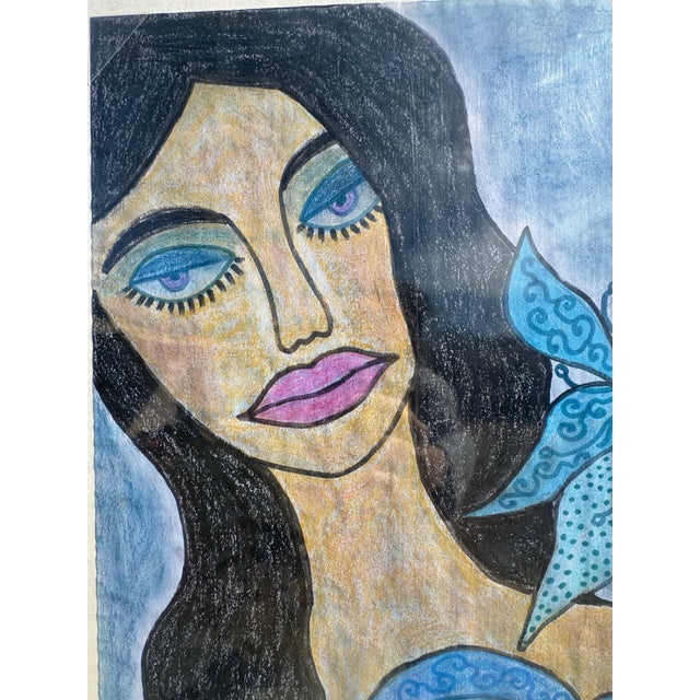 Original oil pastel and mixed media Folk Art painting of lady with blue flowers, long dark hair and bold colorful eyes....