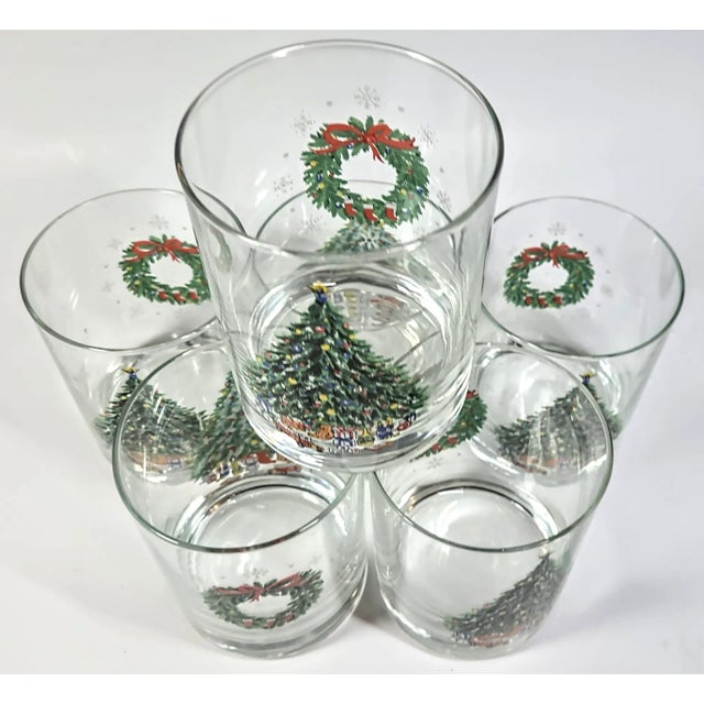 1980s Christmas Tree Double Old Fashioned Glasses- Set of Six For Sale - Image 5 of 12