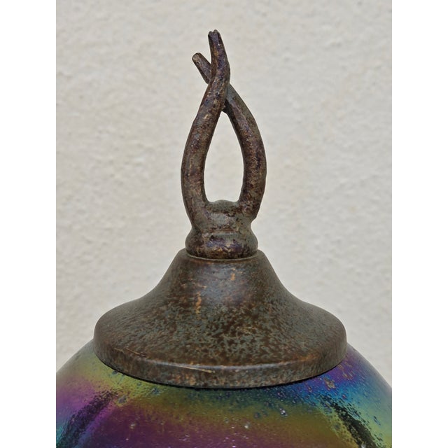 Yellow Quoizel Patinated Metal Floor Lamp With Signed Todd Philips Iridescent Glass Shade For Sale - Image 8 of 12