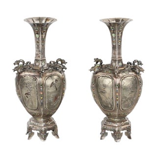 Japanese Vases in Silver and Enamel, 1890s, Set of 2 For Sale
