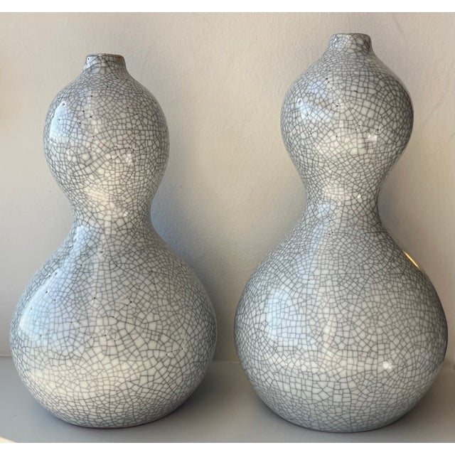 Gray Vintage Japanese Raku Crackle Glaze Studio Art Pottery Showa Period Gourd Shape Vases - A Pair For Sale - Image 8 of 17