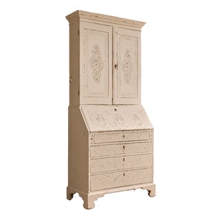 19th Century White Lacquered Oak Bookcase with Secretaire For Sale