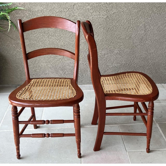 Circa 1920 Solid Oak Wood & Cane Seat Two-Rung Curved Ladderback Accent Chairs – A Pair For Sale - Image 13 of 18