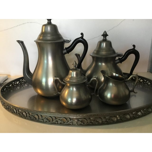 Vintage Royal Holland Pewter Tea and Coffee set with creamer and sugar service on a large, beautifully crafted tray....