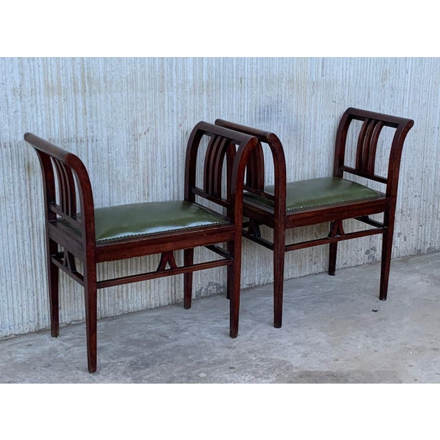 Mid 20th Century Set of Four Art Deco Stools in Walnut with Arms and Seat Leather For Sale - Image 18 of 18