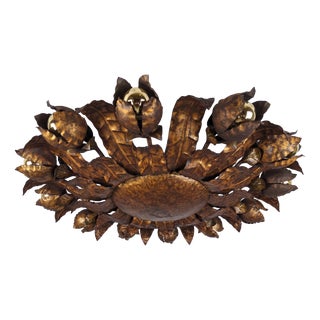 Large Mid-Century Gilt Metal Sunburst Ceiling Lamp with Floral Motif, 1950s For Sale