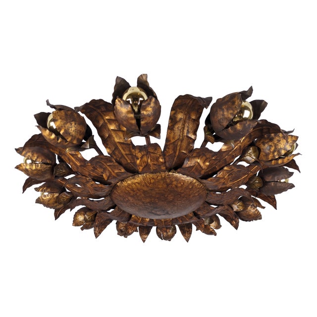 Large Mid-Century Gilt Metal Sunburst Ceiling Lamp with Floral Motif, 1950s For Sale