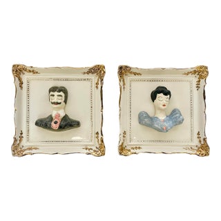 Unique Vintage Porcelain Man & Woman Wall Plaques - A Pair For Sale