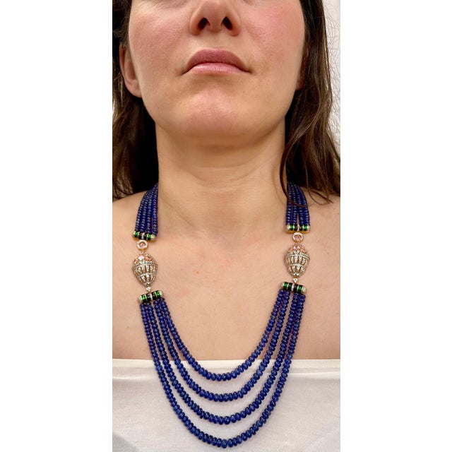 Contemporary 575 Ct Natural Tanzanite Bead Four Strand Necklace + 6.5 Ct Diamond 14 K Y Gold For Sale - Image 3 of 18