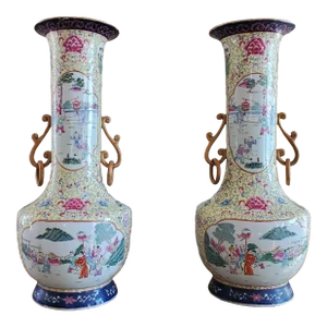 Large Pair of Chinese Famille Rose Vases, Qing Dynasty 19th Century