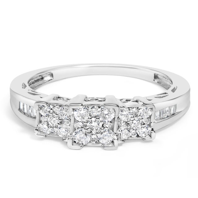 Contemporary 10K White Gold 1/2 Cttw Brilliant & Baguette Cut Diamond 3 Stone Design with 3 Square Clusters Engagement Ring (H-I Color, SI2-I1 Clarity) Size 7-1/4 For Sale - Image 3 of 7