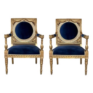 Mid 20th Century Pair of Louis XVI Style Giltwood Armchairs with Blue Klein Velvet For Sale