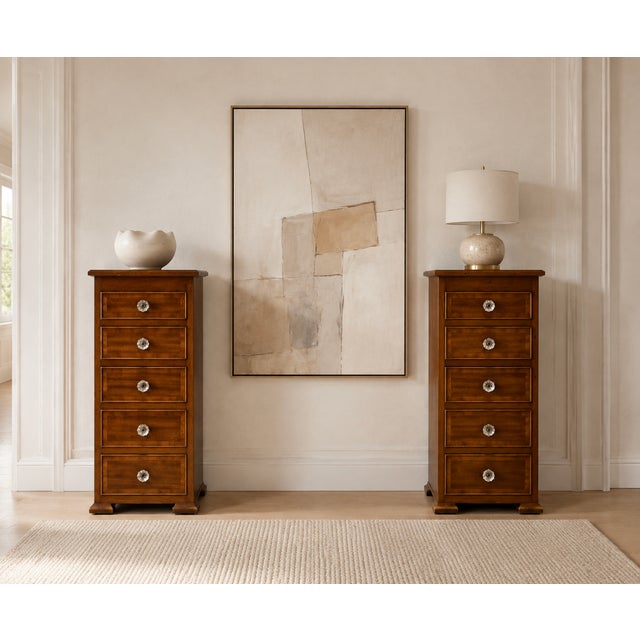 Elegant pair of Early 20th Century Federal Style Mahogany Cabinets. Each stand has five dovetailed drawers with glass...