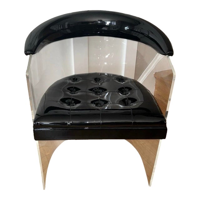 Mid-Century Modern Lucite Barrel Tub Chair With Black Patent Leather Floating Seat Hollywood Regency For Sale