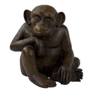 Whimsical Bronze Seated Monkey Sculpture – 12” H For Sale
