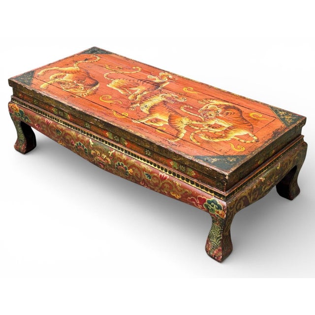 Chinese Mid-Century Chineses Tibetan Hand Painted Polychrome Coffee Table Tiger Motif For Sale - Image 3 of 11