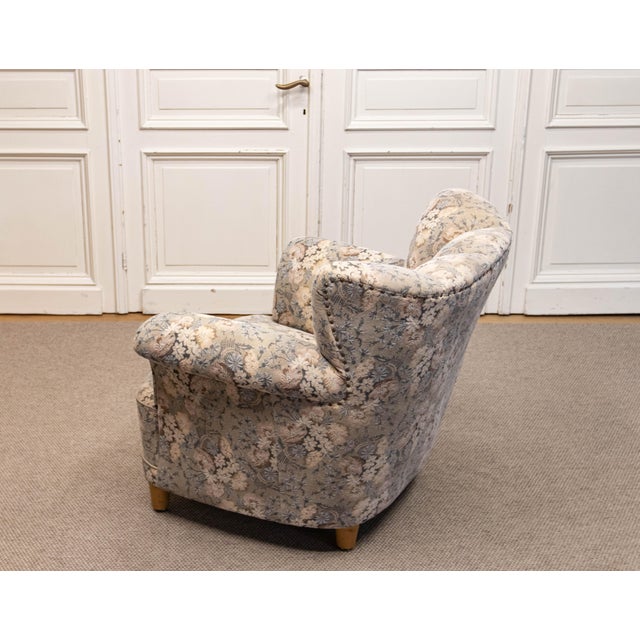 Beige Vintage Danish Wingback Chair with Jacquard Fabric, 1940s For Sale - Image 8 of 13