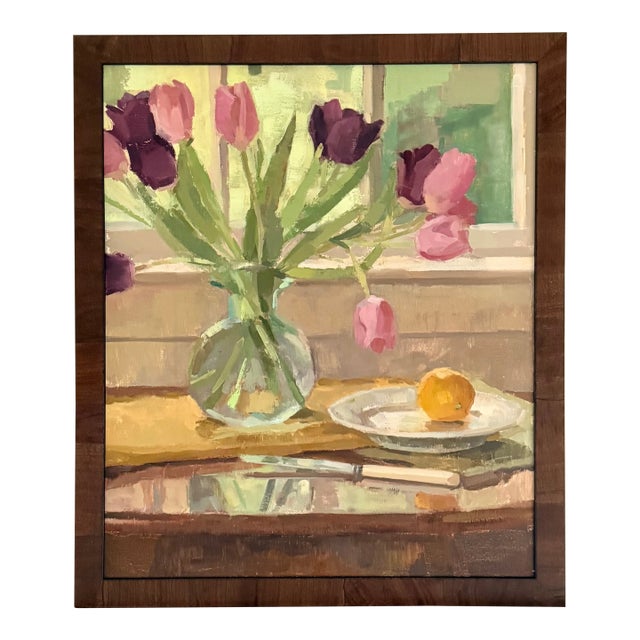 Tulips by the Window Transitional Oil Painting For Sale