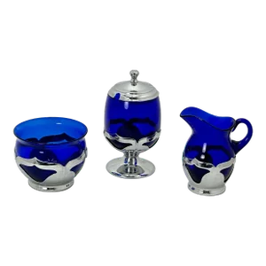 Vintage 1930s Art Deco Chrome & Cobalt Blue Glass 3 Pc. Creamer Sugar Bowl Jam Jar Breakfast Set by Farber Brothers