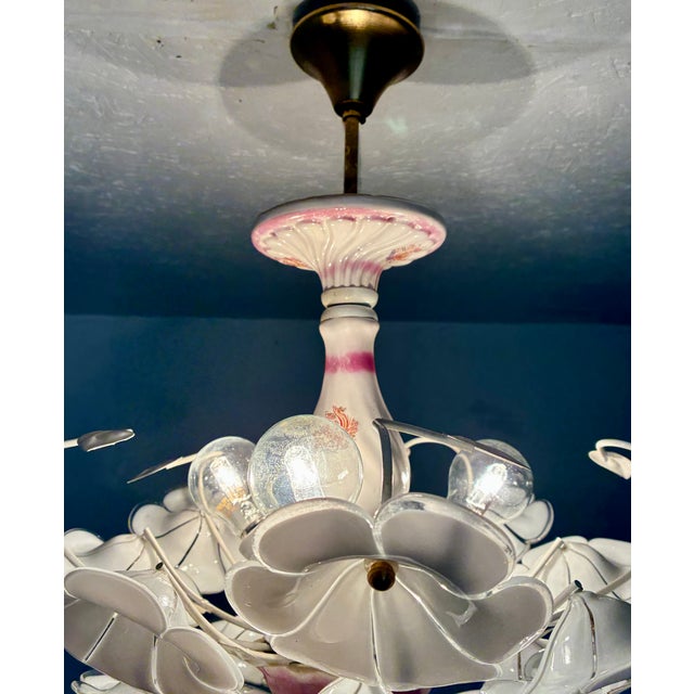 Vintage White Murano Style Floral Chandelier | Italian Art Deco Ceiling Light | 1980s Glass Flower Lighting For Sale - Image 9 of 17