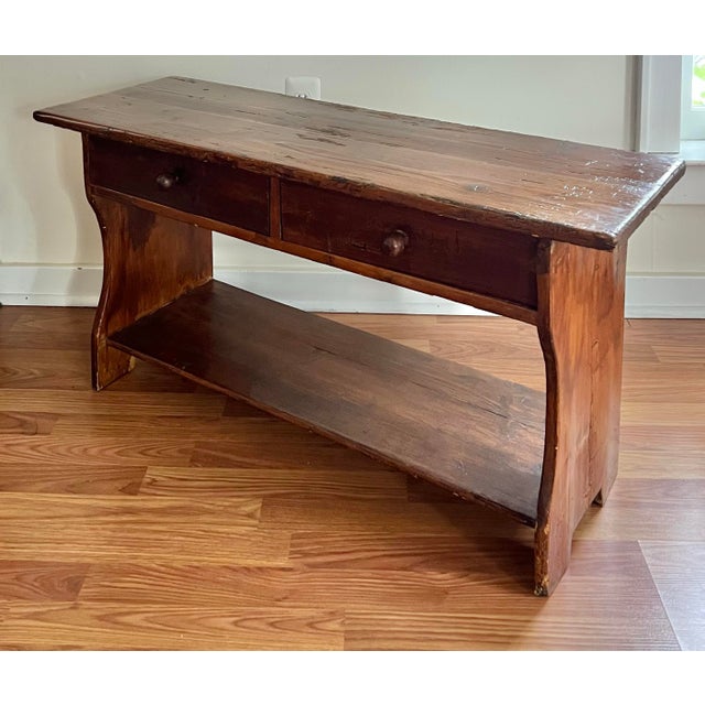 Rustic Antique Farmhouse Pine Bench With Drawers For Sale - Image 4 of 11