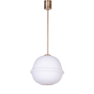Mid-Century Modern Pendant Light in Brass and Opaline Glass from Kamenický Šenov, 1960s For Sale