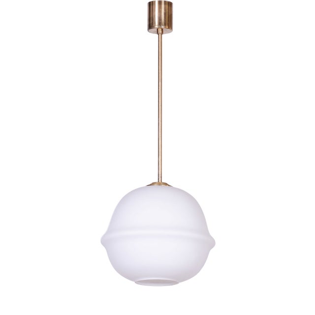 Mid-Century Modern Pendant Light in Brass and Opaline Glass from Kamenický Šenov, 1960s For Sale
