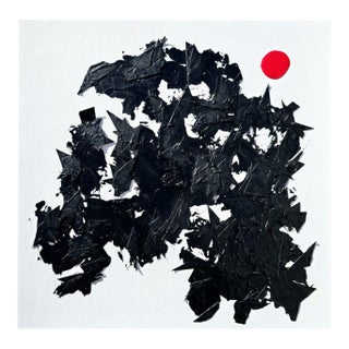 Black & White Textural Abstraction With Red Accent | One-of-a-Kind Work on Paper For Sale