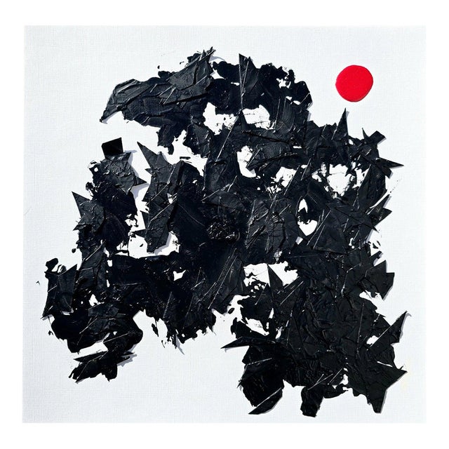 Black & White Textural Abstraction With Red Accent | One-of-a-Kind Work on Paper For Sale