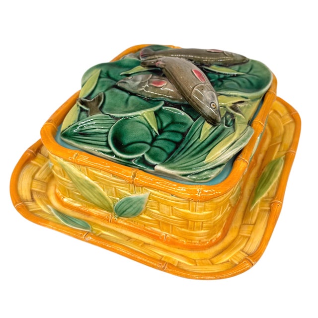 A Rare Victoria Pottery Company Majolica Sardine Box, English, ca. 1882, with molded and applied sardines on green-glazed...