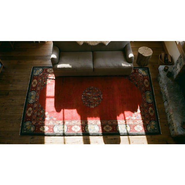 Excellent Red Color With Special Asymmetric Knots and Floral Design Antique Chinese Peking Rug For Sale - Image 13 of 13