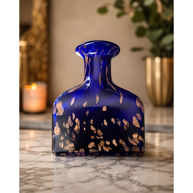 Murano Style Cobalt Blue Glass Vase With Gold Flecks – Mid Century Modern Decorative Accent For Sale - Image 10 of 11