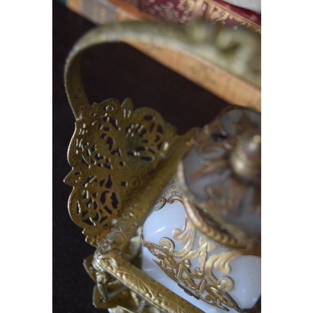 Antique French Opaline Perfume Bottle in Ornate Ormolu Figural Stand For Sale - Image 4 of 5